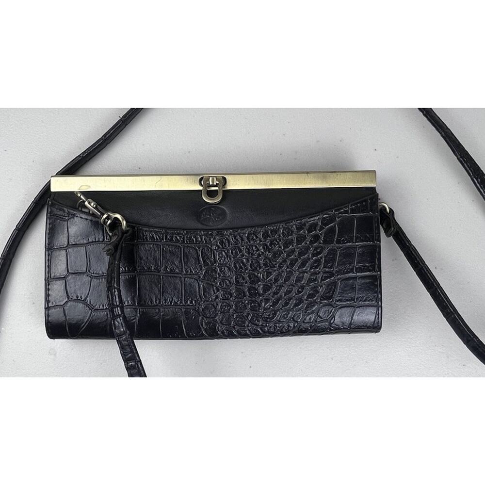 Vintage Buxton Black Croc Embossed Leather Clutch Crossbody Frame Purse